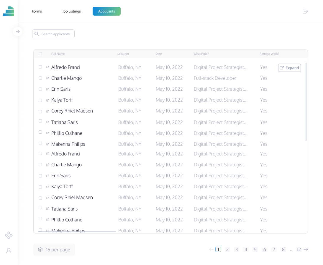 Applicants tab with all processes